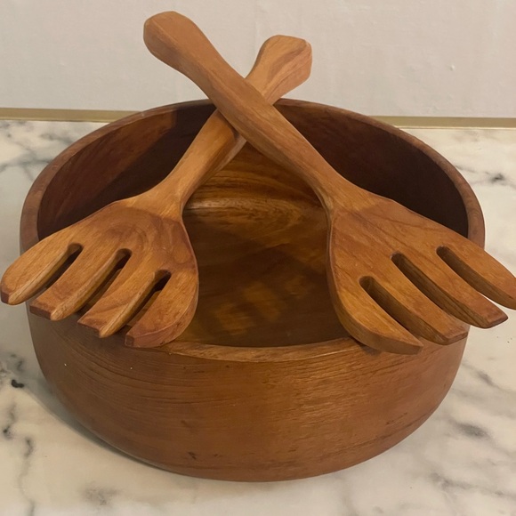 3pc Wood Salad Bowl Set with Utensils Large Round Serving Bowl Natural Brown - Picture 3 of 9